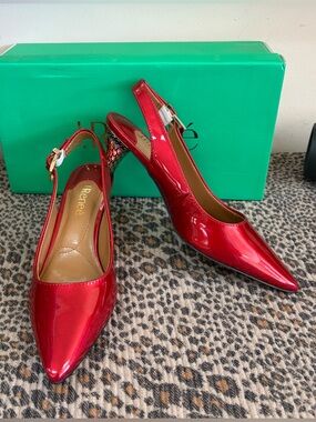 J.Renee Shiny Red Pointed Slingback Heels with Decorative Heel